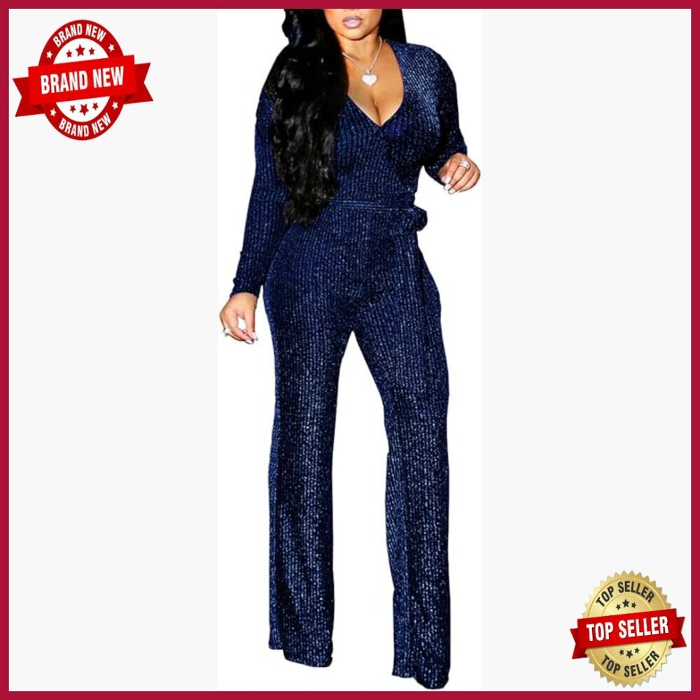 Sparkly Jumpsuit with Belt, Long Sleeve V-Neck, Loose Fit, X-Large